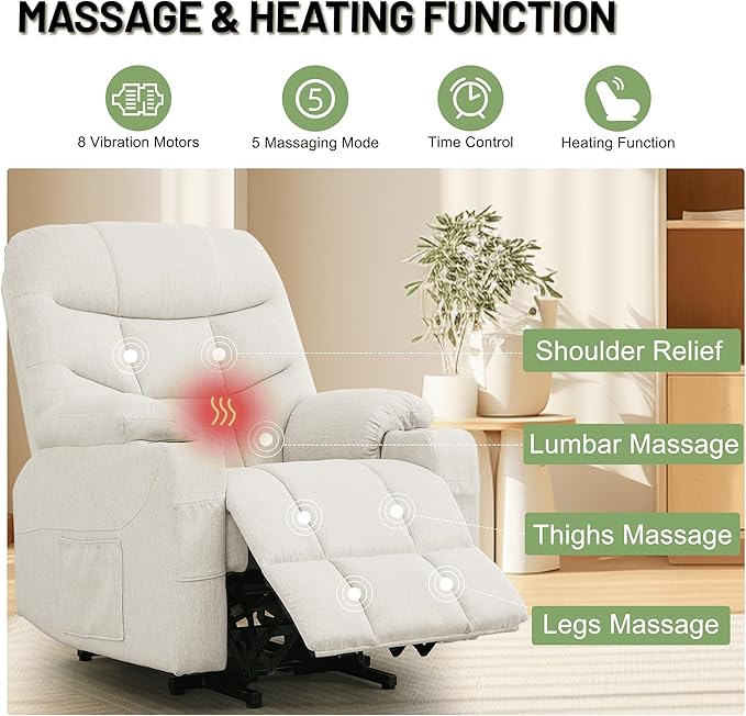 Power Recliner Chair with Massage and Heating Power Lift Recliner Chair for Elderly and Adults Electric Recliner with Remote Control and Cup Holders for Living Room