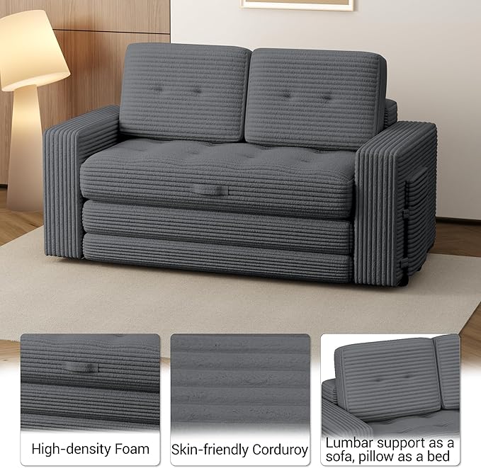 Convertible Boneless Sofa Bed 2 in 1 Pull Out Loveseat Sleeper Sofabed Folding Couch Bed with Pillows for Living Room Bedroom Small Space Grey