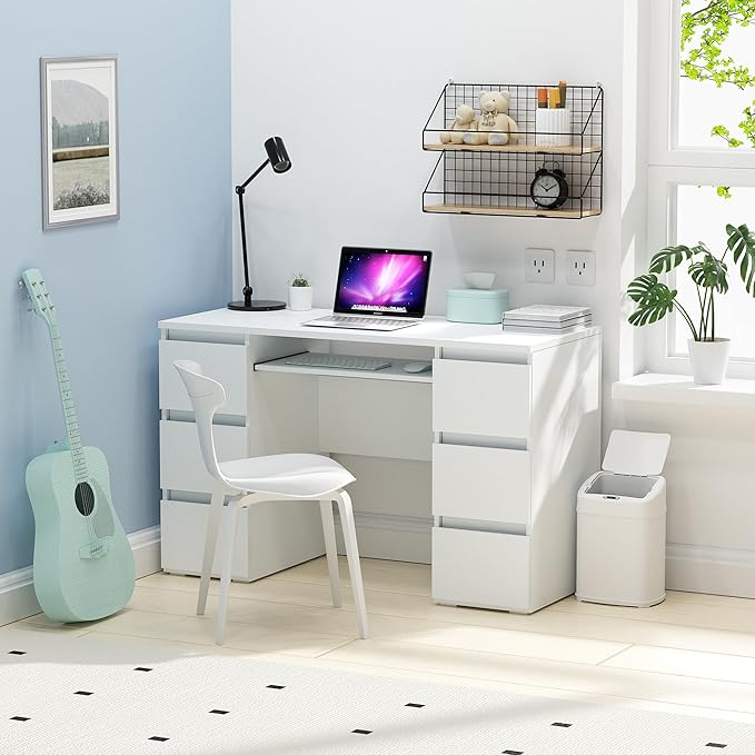 White Desk with Drawers Computer Desk for Bedroom Home Office Table with Storage 47 Inch Writing Wood Desks Executive Desks Workbench Study Counter Small Gaming Table White