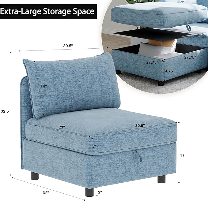129” Modular Sectional Sofa Convertible 6 Person U Shaped Couch with Storage 2 Removable Ottomans &amp Deep Seats Memory Foam Comfy Modular Couch for Living Room (Antique Blue 6 Seat)