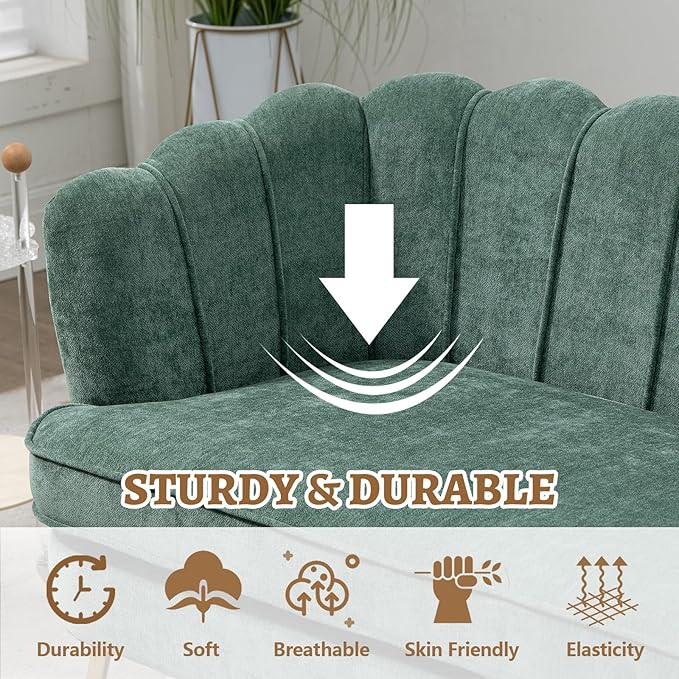 59 Small Loveseat Sofa 2-Seater Modern Chenille Couch with Gold Metal Legs &amp Floral Backrest Compact Apartment Sofa for Living Room Bedroom Office Dorm (Chenille Green)