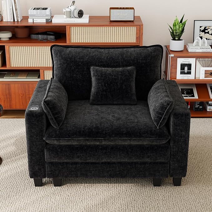 Accent Chair for Living Room with Smart Charging Module Oversized 45.25 Chenille Fabric Armchair Mid Century Modern Single Sofa Chair Comfy Reading Chair for Bedroom Apartment Waiting Room