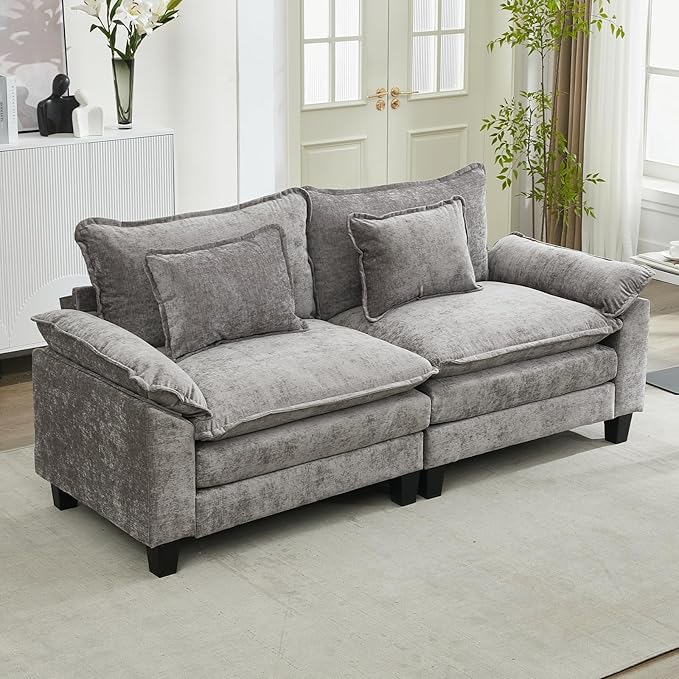 URRED Modular Sectional Sofa Comfy Cloud Couch Modern Chenille Sofa Sleeper Deep Seat Couches with Ottoman/Pillows for Living Room (Gray 82.6'')
