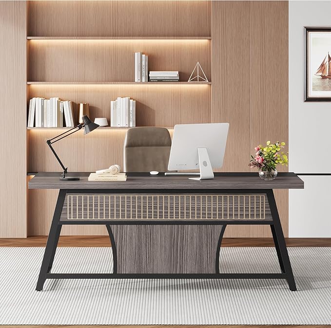 63-inch Executive Desk with Storage Shelf Large Home Office Desk with Metal Frame &amp LED Light Long Computer Desks for Home Office Gray and Black