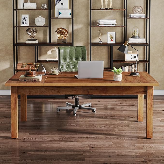 Tribesigns 70 Inch Large Computer Desk Farmhouse Office Desk Writing Study Desk with Solid Wood Leg's Executive Desk with Thickened Frame and Board