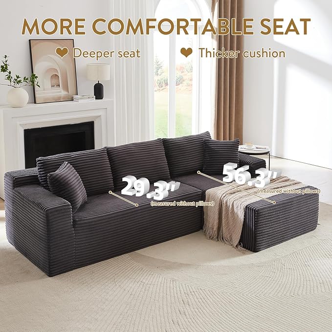 Cloud Sectional Couch with L-Shape Chaise 105 Modern Minimalist Modular Sectional Sofa Fluffy Corduroy Upholstered Couches for Living Room No Assembly Required (Dark Grey)