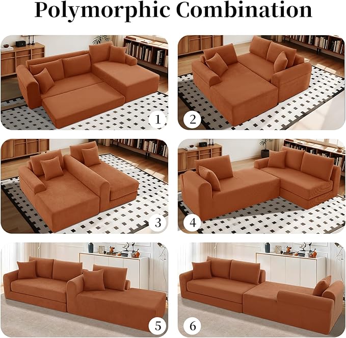 KBQ Modular Sectional Couch in a Box 103 L Shaped Boneless Cloud Couch with Deep Seat Convertible Sofa Bed for Living Room Bedroom Apartments No Assembly Required Orange Right Facing Chaise