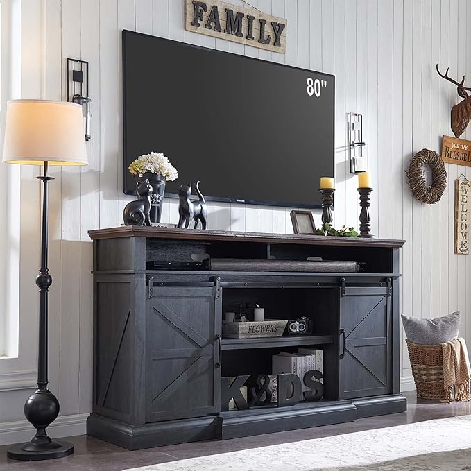 Farmhouse TV Stand for 80 Inch TVs 37.4Tall Entertainment Center w/Storage Cabinets and Sliding Barn Door Media Console Cabinet w/Soundbar &amp Adjustable Shelves for Living Room 70 inch (Dark Gr