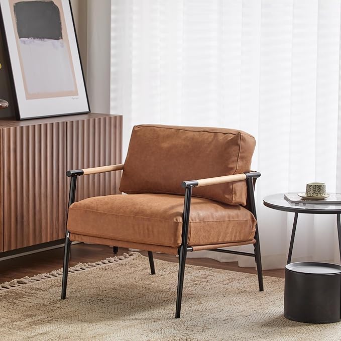Faux Leather Modern Accent Chair Lounge Arm Chair Upholstered Armchair with Plush Cushions Single Chairs with Metal FrameWooden Armrest - Perfect for OfficeLiving RoomBedroomBrown