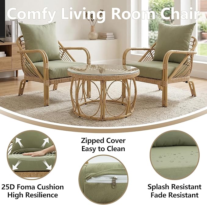 Living Room Chairs Aluminum Accent Chairs Set of 2 Comfortable Arm Chair with Glass Coffee Table Comfy Armchair for Bedroom Rattan Braid Armchairs Accent Chair for Indoor/Outdoor Green
