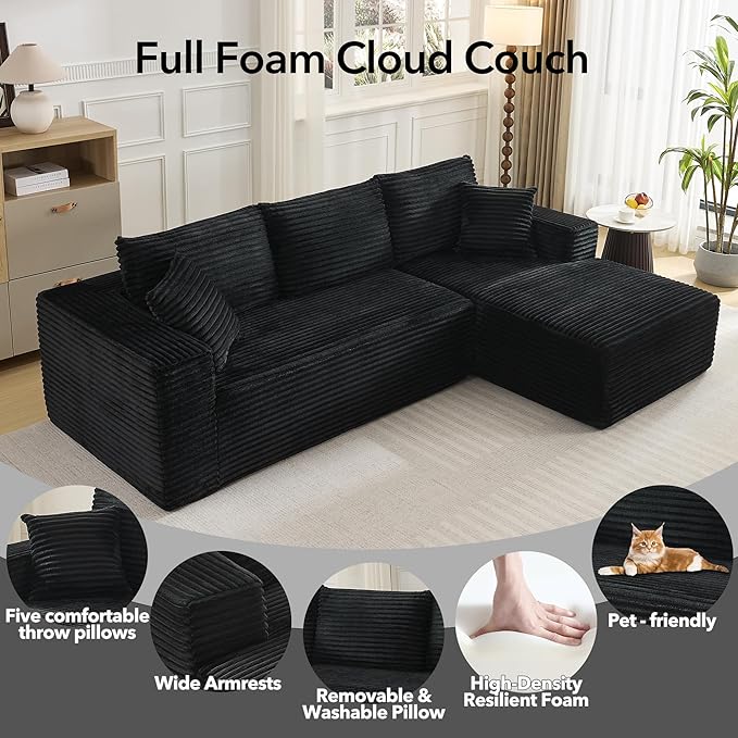 108 Cloud Sectional Couch with L-Shape Chaise Modern Modular Sofa with Deep Seat Boneless Cloud Couches for Living Room Bedroom No Assembly Required Plush Corduroy (Black Right Facing Chaise)