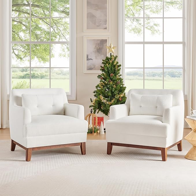 VANOMi Comfy Accent Chair Terry Oversized Lounge Chair with Cushion Mid-Century Modern Living Room Chairs Comfy Chair for Bedroom Apartment White