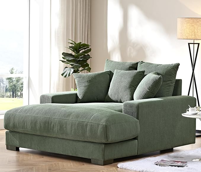 Luxe Upholstered Chaise Lounge Sofa in Soft Corduroy Fabric with Removable Cushions Oversized Chair for Relaxing in Living Room or Bedroom 55.1 Wide Green