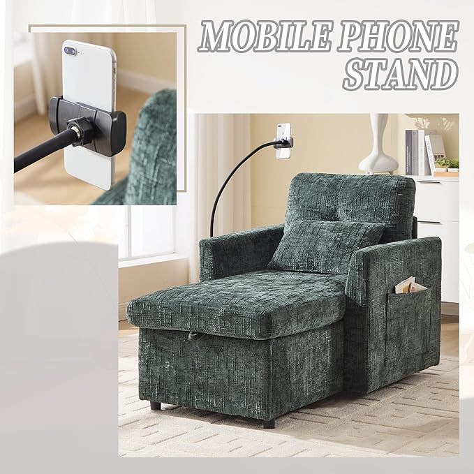 32 Comfy Chaise Lounge Sofa Bed Chair with Storage Side Pockets Phone Holder &amp 2 Pillows Modern Chenille Upholstered Sleeper Sofa Leisure Chair for Living Room Bedroom Small Spaces (Emerald)