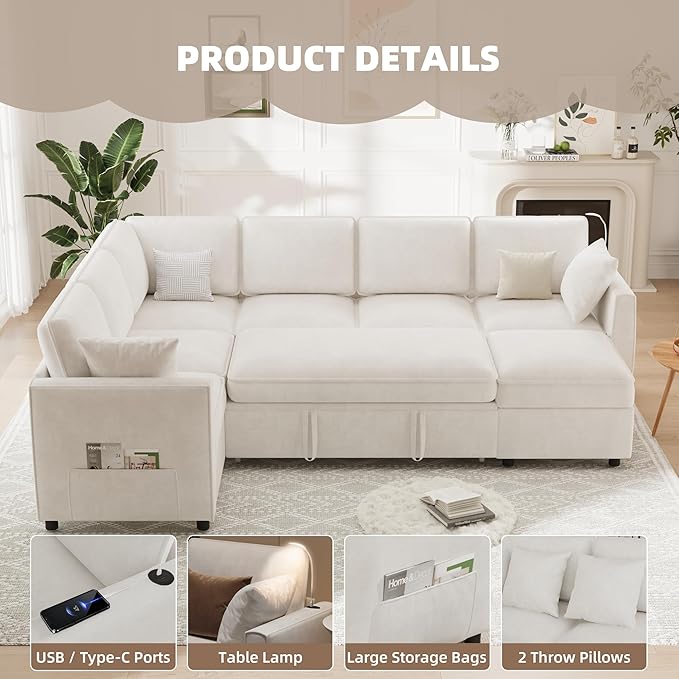 120 Sectional Sofa Couch with Pull out Bed 7 Seat U Shaped Pull out Couch Bed with USB Ports Velvet Modular Sleeper Sofa Bed with Throw Pillows Large Sectional Couches for Living Room Beige