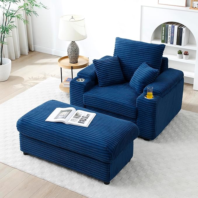KEIKI Oversized Accent Chair with Ottoman Chaise Lounge Chair Indoor Oversized Sofa Bed Sleeper Couch Reading Chairs for Living Room Blue