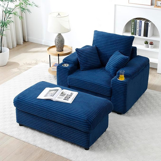 KEIKI Oversized Accent Chair with Ottoman Chaise Lounge Chair Indoor Oversized Sofa Bed Sleeper Couch Reading Chairs for Living Room Blue
