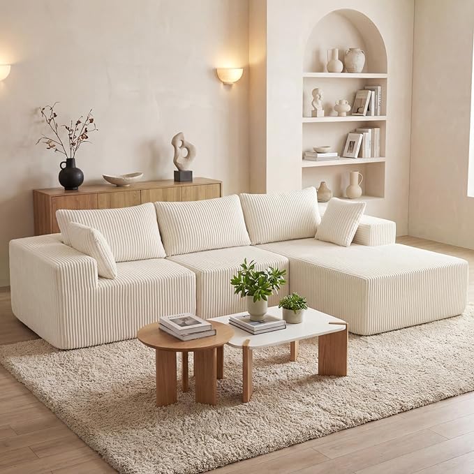 DUMOS 108” Modular Sectional Sofa Cloud Sectional Couch with Deep Seat Modern Modular L-Shape Sofa Couch with ChaiseUpholstered Boneless Couches for Living Room Bedroom (BeigeRight Facing Chaise)