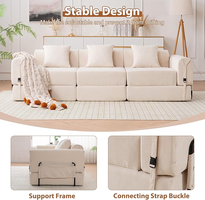 Oversized Cloud Modular Sectional Couch 3-in-1 Modular Floor Sofa with Deep Seat 3-Seater Folding Sofa Bed with 3 Pillows Large Sectional Couches for Living Room No Assembly Required Beige