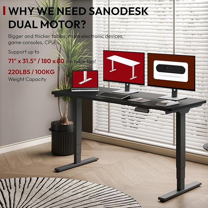SANODESK Standing Desk with Dual Motor 3-Stage Lifting Column Handset with 3 Preset and Sit-Stand Reminder - 60 inch One-Piece Black Desk/Black Frame Height Adjustable Desk for Home and Office
