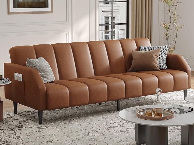 Fadware Faux Leather Couch Convertible Futon Sofa Bed with Adjustable Backrest Mid Century Leather Sofa Loveseat with Side Pockets&amp Metal Leg Modern Leather Sleeper Sofa for Living Room Bedroom
