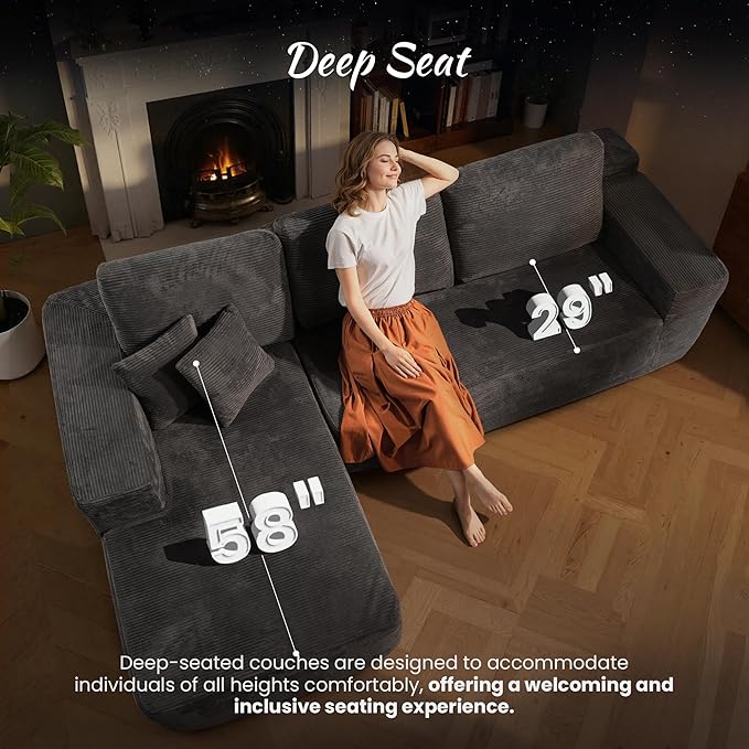 ovios 104 Cloud Boneless Couch with Glitter Fabric Moudular Sectional Sofa with Deep Seat No Assembly Required Modern Minimalist L Shaped Couches with Chaise for Living Room Grey