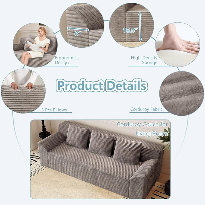 71Cloud Loveseat SofaModern 2-Seater Boneless Couch with 3Pillows &amp Side PocketSoft Corduroy LoveseatCompressed FoamDeep SeatNo Assembly for Living RoomBedroomApartment(Tilted Armrest Cam