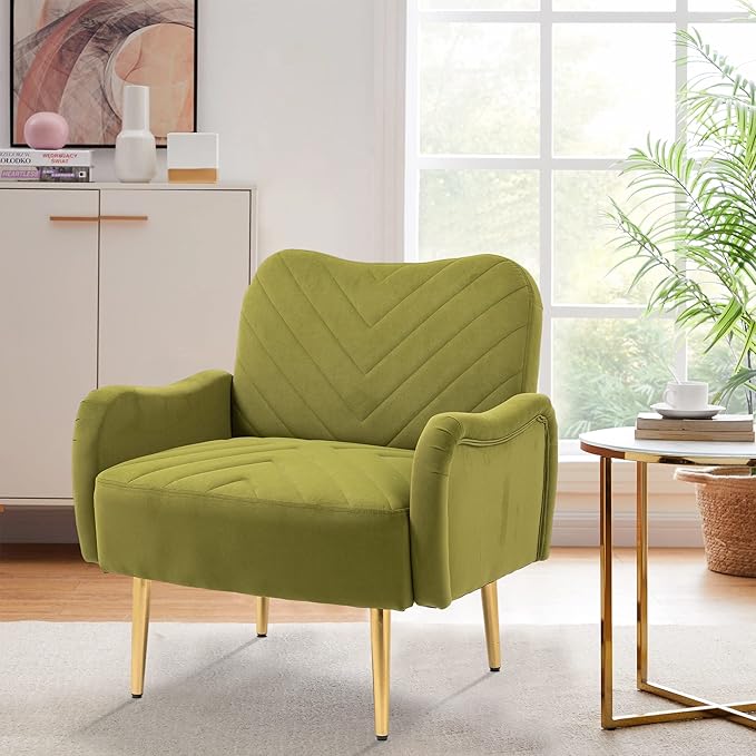 Velvet Accent Chair Comfy Upholstered Living Room Arm Chair Single Reading Sofa Chairs for Bedroom Office Small Spaces Waiting Room Furniture (Olive Chair)