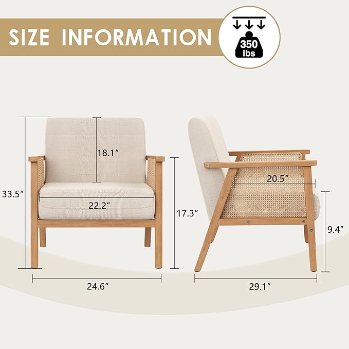 ALISH Mid-Century Modern Accent Chairs Upholstered Living Room Chairs Armchairs with Rattan Arms and Wooden Legs for Living Room Bedroom (Beige Set of 2)