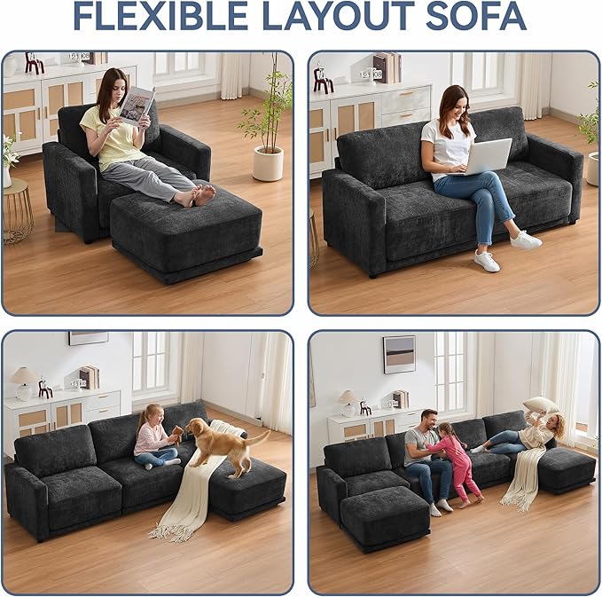 44.2 Oversized Sofa Chair with Ottoman Upholstered Accent Chair with Thick Cushions Single Sofa Lounge Chenille Comfy Reading Chair for Living Room Easy Assembly Black