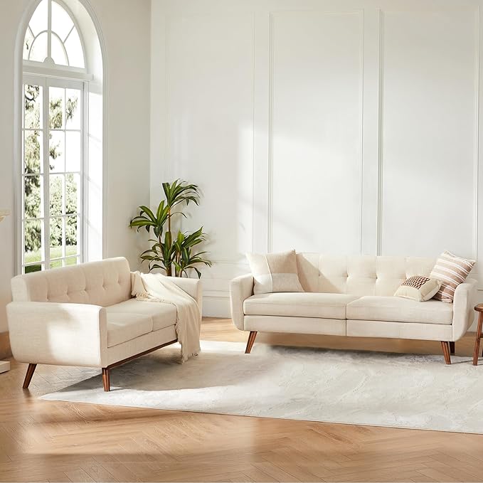 Kingfun Loveseat and Sofa Sets Mid Century Modern Linen Love Seat Couches for Living Room Button Tufted Upholstered Furniture Easy to Install Small Couch for Bedroom Office Apartment Beige