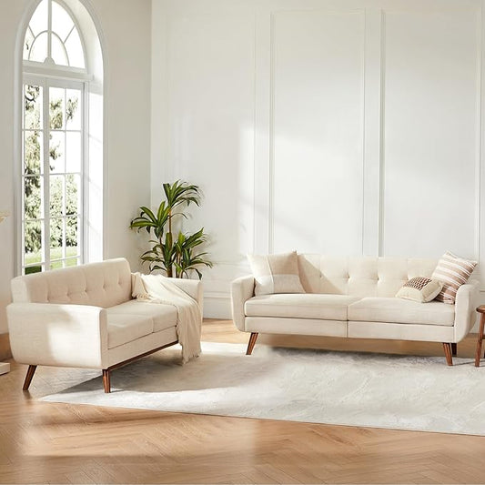 Kingfun Loveseat and Sofa Sets Mid Century Modern Linen Love Seat Couches for Living Room Button Tufted Upholstered Furniture Easy to Install Small Couch for Bedroom Office Apartment Beige