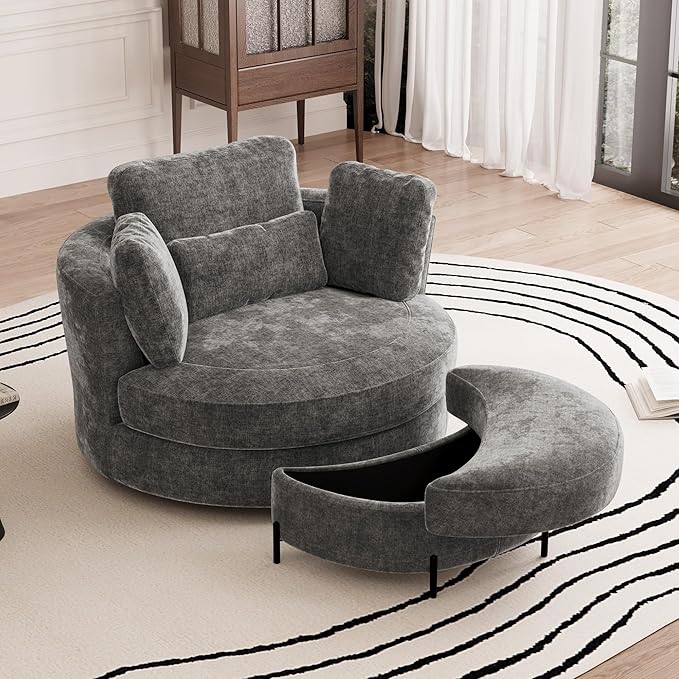 Aoiy &amp Wifon 50'' W Oversized Swivel Barrel Chair with Storage Ottoman Gray Round Accent Chair with Half Moon Ottoman for Living Room Deep Seat &amp Extra Wide Chenille
