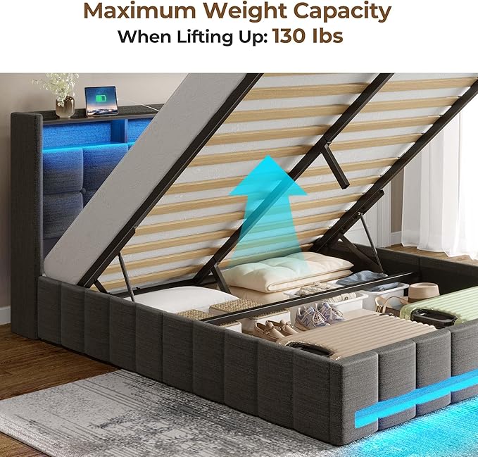 Rolanstar Bed Frame Queen Size with Lift Up Storage Charging Station &amp LED Lights Upholstered Storage Headboard Heavy Duty Wooden Slats No Box Spring Needed Noise Free Easy Assembly Dark Gr