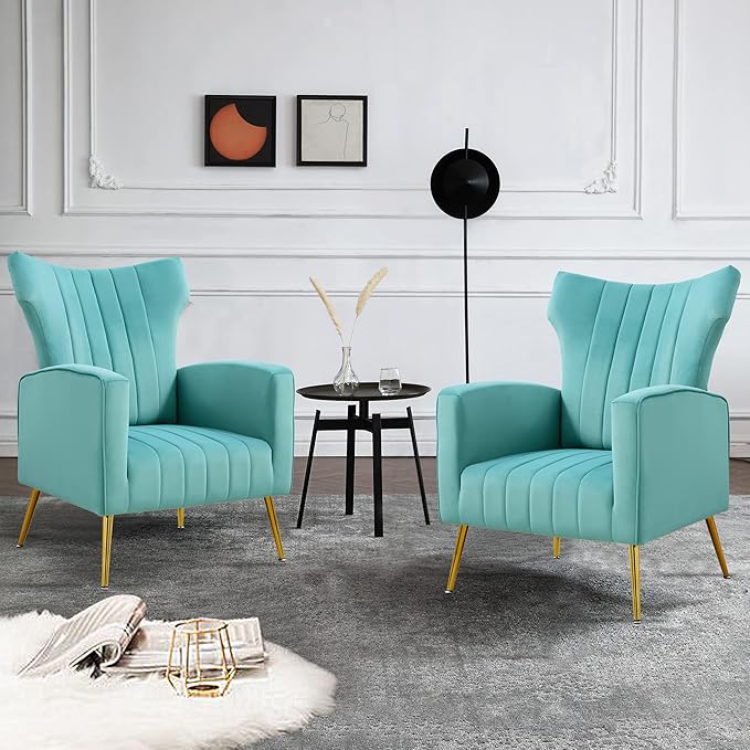 Modern Velvet Accent Chair with Arms Wingback Reading Chair with Gold Metal Legs Comfy Upholstered Single Leisure Sofa for Living Room Bedroom Club(Velvet+Blue)