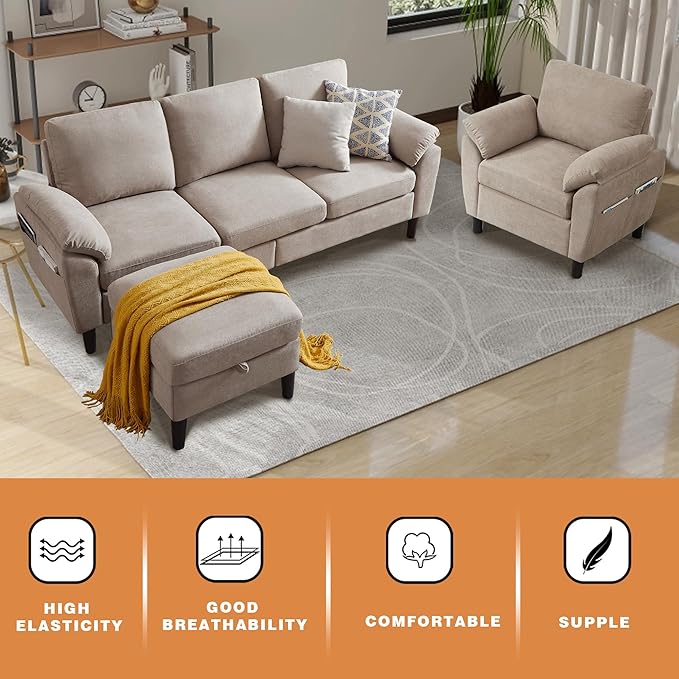 3 Piece Convertible Sectional Sofa Set Modern Linen Small L Shaped Couch with Reversible Ottoman and Accent Chair 3-Seat Sofa Couches for Living Room Office Apartment Beige