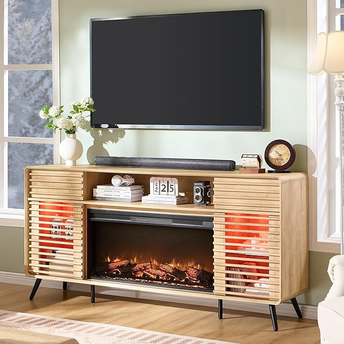 RedLemon Fireplace TV Stand for 80 Inch TV Mid Century Modern Entertainment Center with 36 Electric Fireplace &amp Led Lights Wood Media Console w/Slatted Sliding Doors for Living Room Natural Oa