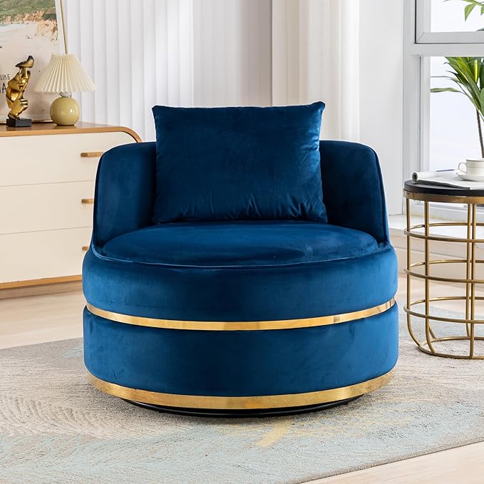 Swivel Accent ChairBedroom Barrel Chairs with Seat CushionModern 360° Velvet Fabric Circle Chair with Sturdy Frame and Stainless Steel Base for Living Room(Blue)