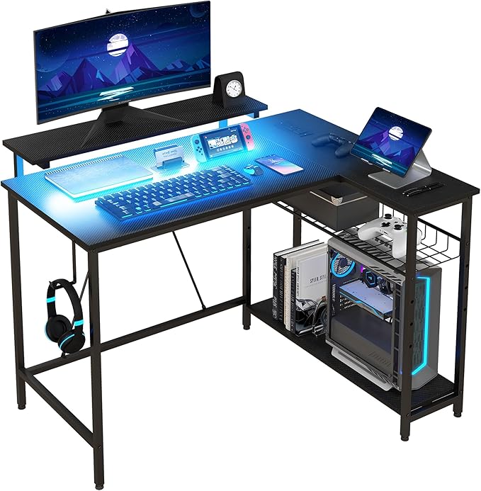 42 L Shaped Desk with LED Lights Power Outlet USB Charging Ports Reversible L Shaped Computer Desk with Storage Shelves Monitor Stand Corner Gaming Desk for Home Office Black