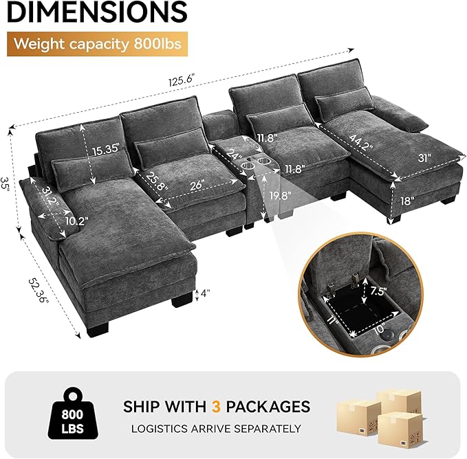 125'' U Shaped Cloud Modular Sofa Chenille Upholstered Comfy Sectional Couch with Storage Console USB Charging Ports &amp Cup Holders Modern Deep Seat Sofa for Living Room Grey