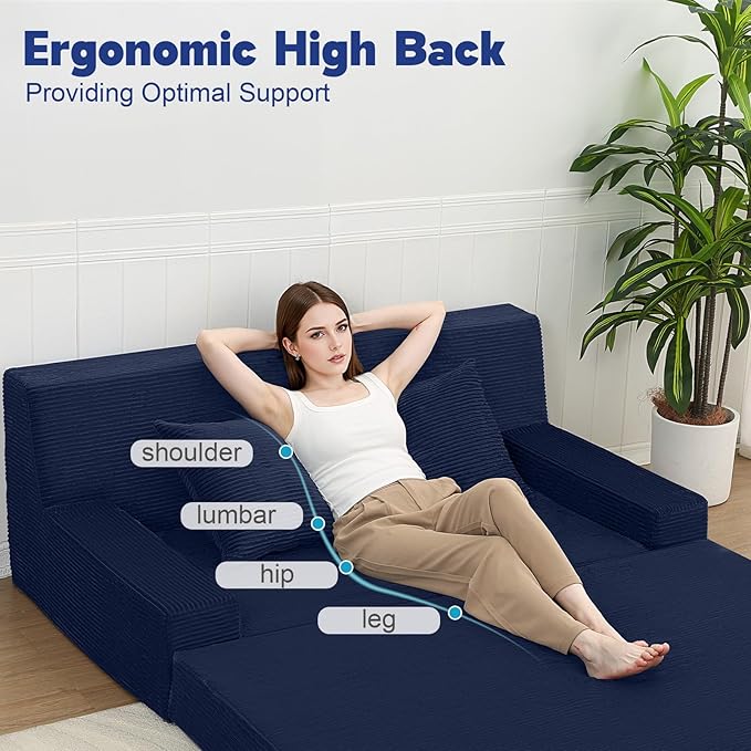 MeMoreCool Corduroy Boneless Sofa Bed Queen – Folding Futon Couch with High-Density Foam Convertible Floor Sleeper &amp Pillow Machine-Washable Cover for Guest Room Bedroom Small Apartment