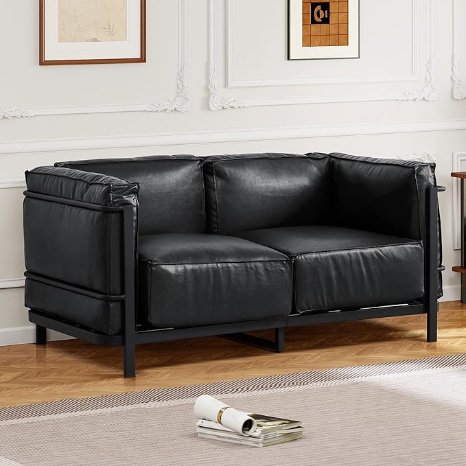 Minimalist Style 3 Seater Sofa Mid-Century Modern Faux Leather Sofa Couch with Fixed-Shape Iron Frame Upholstered Couch Chair for Living Room Office Apartment (Black Loveseat Sofa)