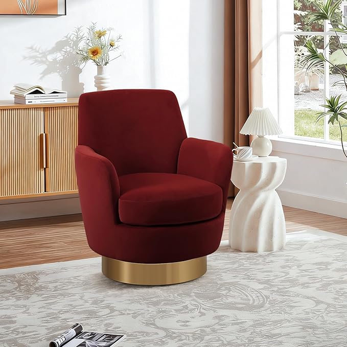 SLEERWAY 360° Swivel Barrel Chair Set of 2 28.3 Modern Velvet Round Accent Chair Comfy Upholstered Small Armchair with Gold Metal Base for Living Room Bedroom Nursery Office Sillas para Sala Red