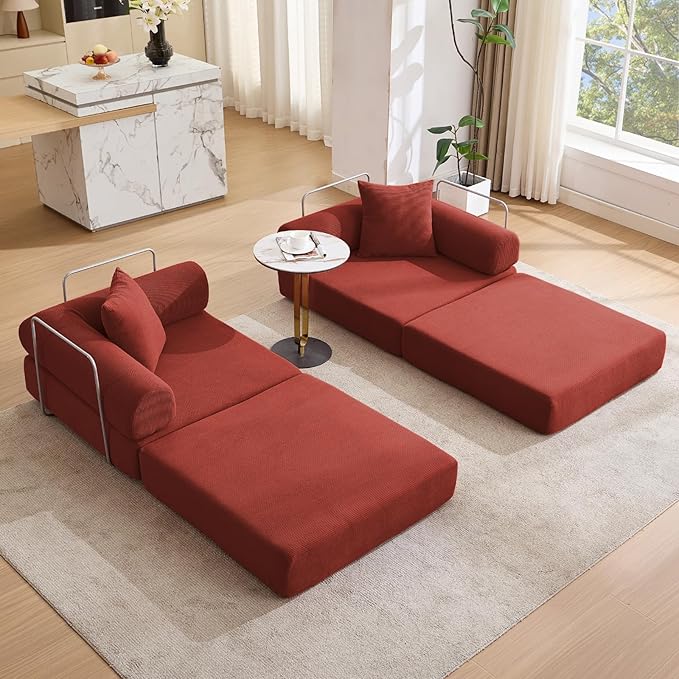 73 Convertible Modular Folding Sofa Bed 5-in-1 DIY Combination Fold Out Sleeper Sofa Bed Loveseat sleeper Couch with Removable Armrests Corduroy Floor Couch Small couches for small spaces Red