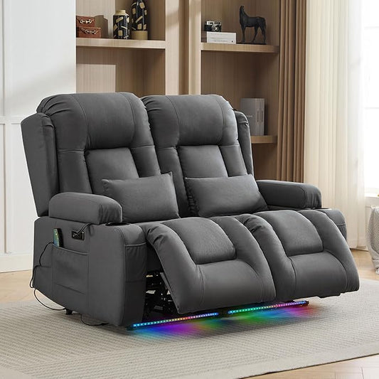TUNYI Wall Hugger Loveseat Recliner Sofa with Massage &amp Heat Power Reclining Loveseat RV Couch with USB/Outlet/Storage/LED Light/Speaker (Grey)