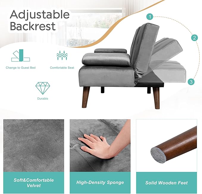 Meilocar Futon Sofa Bed Convertible Sofa Bed with Removable Armrests Adjustable Recliner for Small Space 2 Cup Holders 3 Angles Light Grey