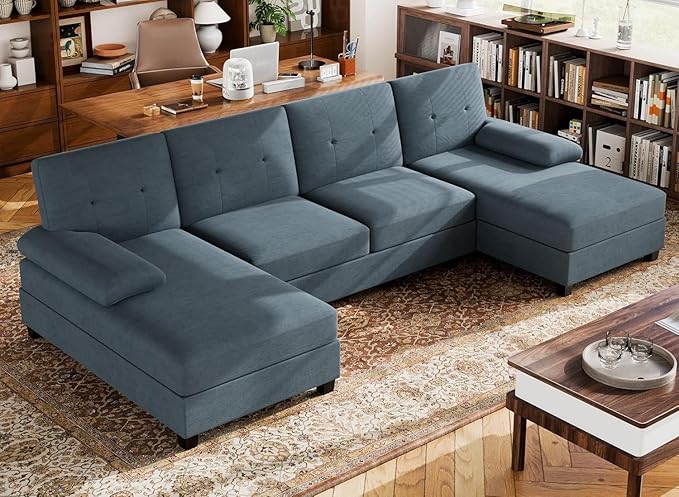 Walsunny Sectional Couches for Living Room Convertible U-Shaped Sofa Couch with Double Chaise 4 Seat Sofa Set Modular Sectional Sofa for Living Room Apartment Bedroom Dark Grey