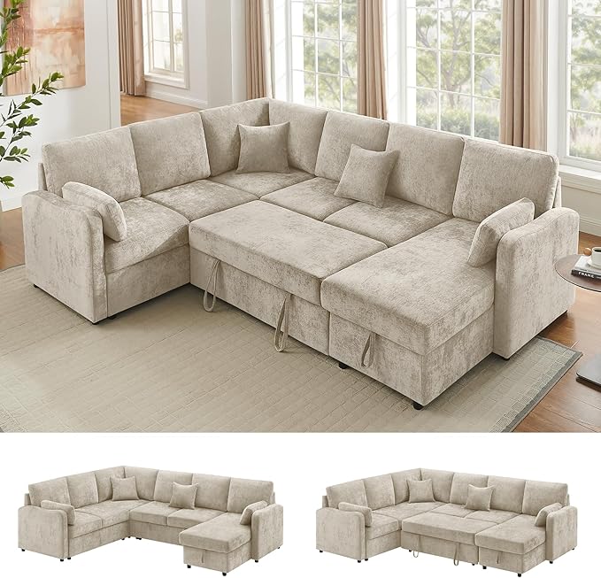 111'' Modular Sectional Sofa with Pull Out Bed U Shaped 6 Seat Sleeper Couch with Storage Chaise Modern Sectional Couch Cloud Chenille Sofa Bed for Living Room Apartment Office Camel