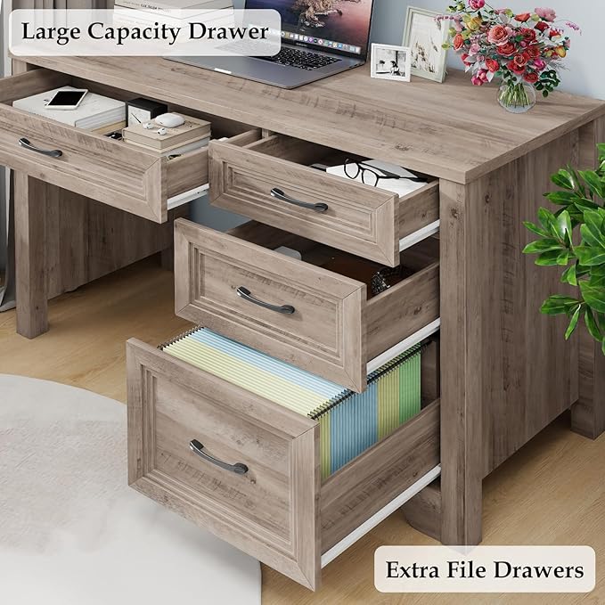 Farmhouse Executive Desk with Drawers Wood Computer Desk with Ample File Drawer Rustic Home Office Desk with Storage for Bedroom Living Room Grey