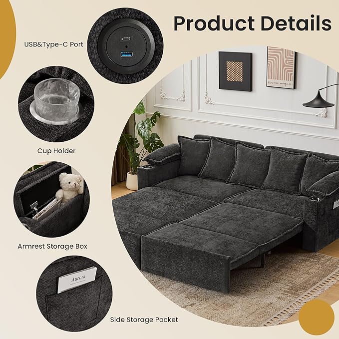 82.7’’ King Size Pull Out Sofa Bed 3 in 1 Convertible Sleeper Sofa Bed with Futon Sofa Black | USB Ports Chenille Loveseat Storage Pocket Pet-Friendly Pull Out Sofa Bed
